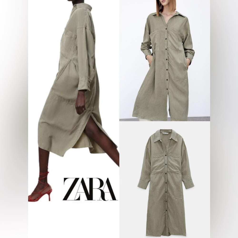 ZARA Long Khaki Military Green Button Up Shirt Casual Pocket Size Medium - Picture 7 of 7